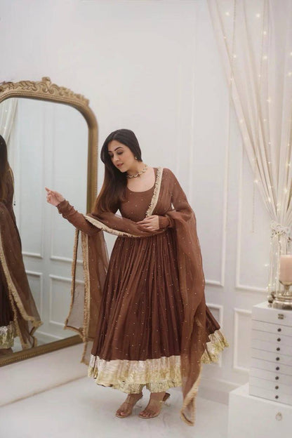 Royal Coffee Brown Moti Work Ready to Wear Gown Set