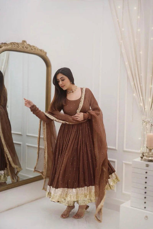 Royal Coffee Brown Moti Work Ready to Wear Gown Set