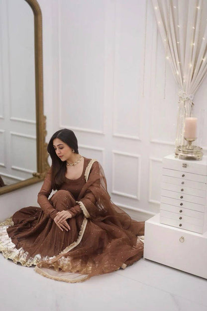 Royal Coffee Brown Moti Work Ready to Wear Gown Set
