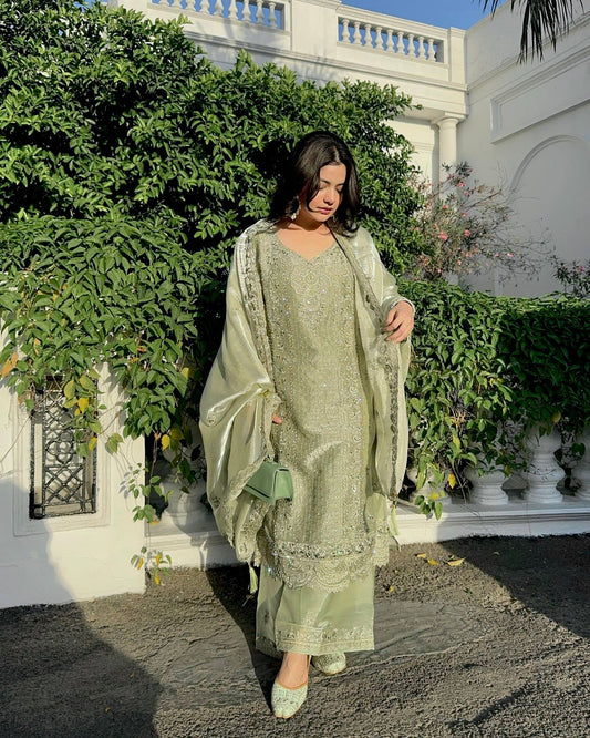 Elina Embellished Olive Green Embroidered Plazzo Set