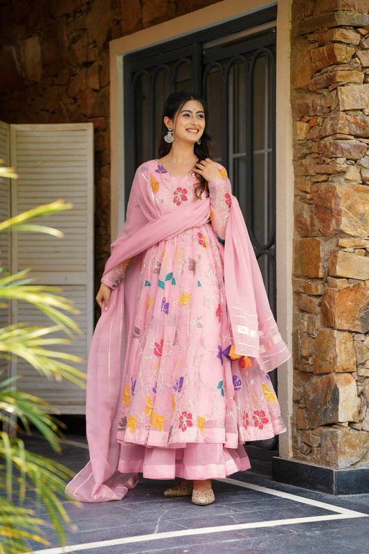 Rosy Bloom Charm Designer Party Wear Sharara Gown