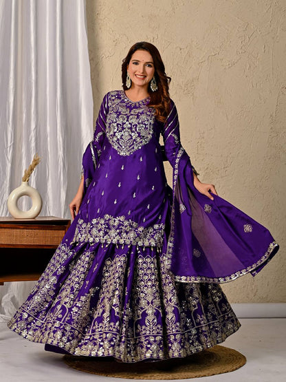 Regal Violet Royal Embroidered Sharara Suit Set