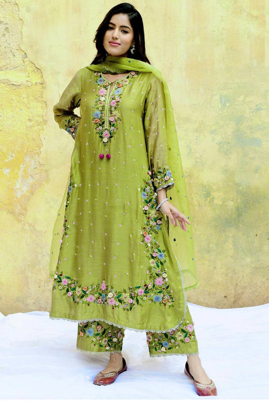 Meadow Bloom Olive Green Embroidered Kurta Set