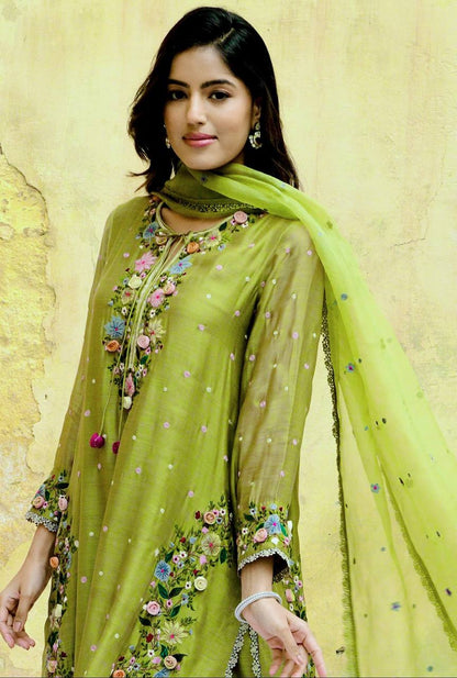 Meadow Bloom Olive Green Embroidered Kurta Set