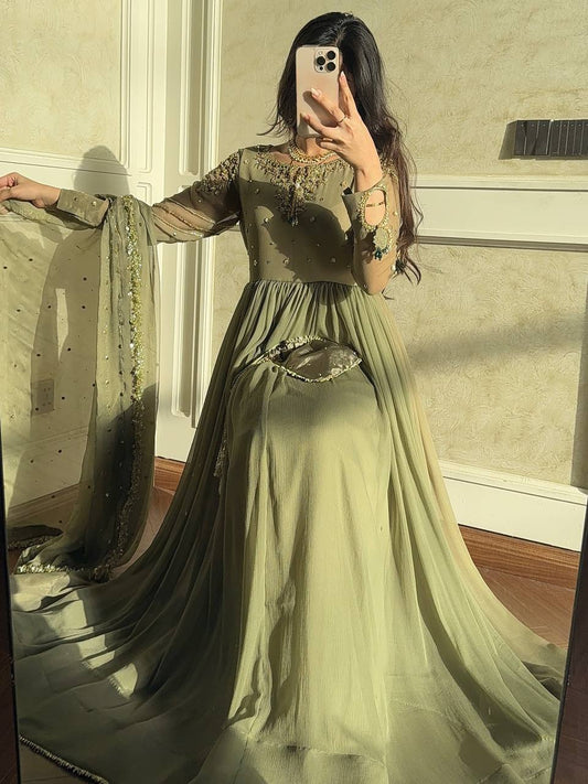 Zari Sparkle Olive Ensemble Designer Gown