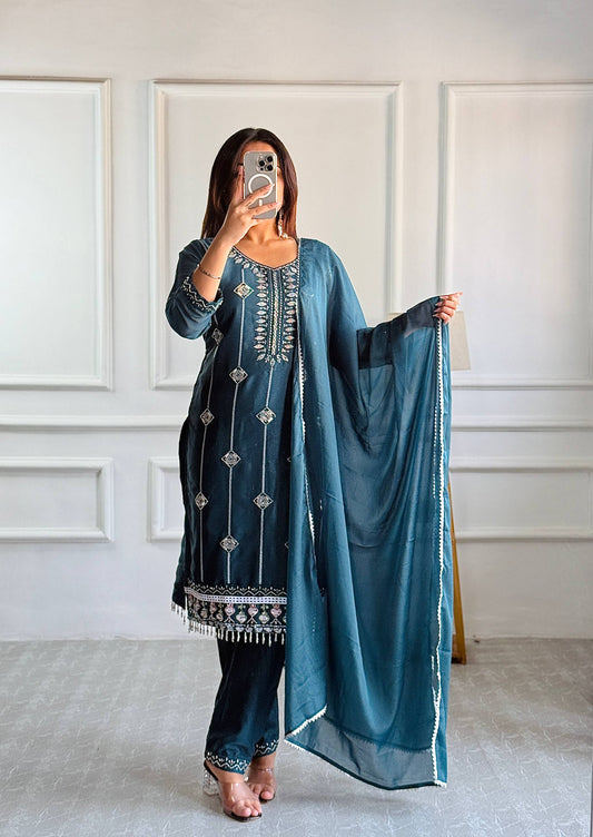 Teal Twilight Charm Embroidered Suit Set