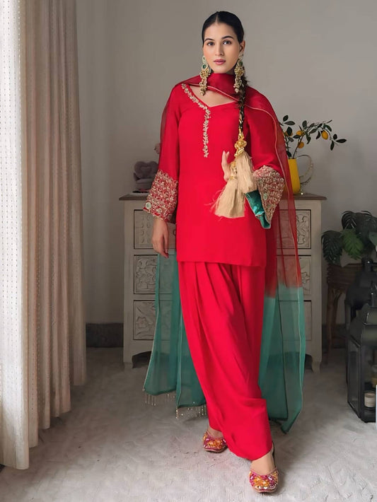 Zehra Ruby Red Embroidered Patiala Suit
