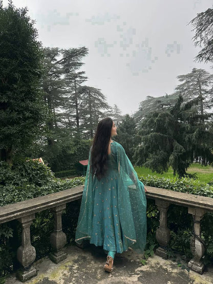 Celestial Teal Embroidery Đěsigner Anarkali Suit Set