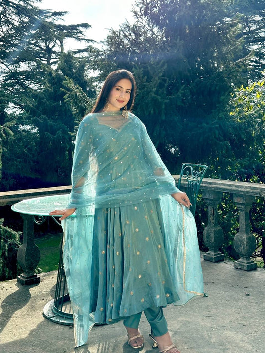 Celestial Teal Embroidery Đěsigner Anarkali Suit Set