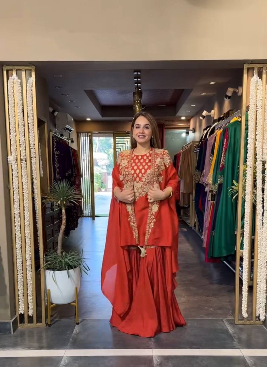 Vruti  Mustard & Crimson Draped Sharara Sets with Zari Cape Embroidery Set