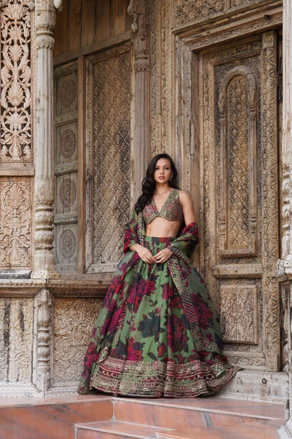 Sunset Serenade Boho Floral Organza Lehenga with Beaded Blouse & Zari Border Dupatta