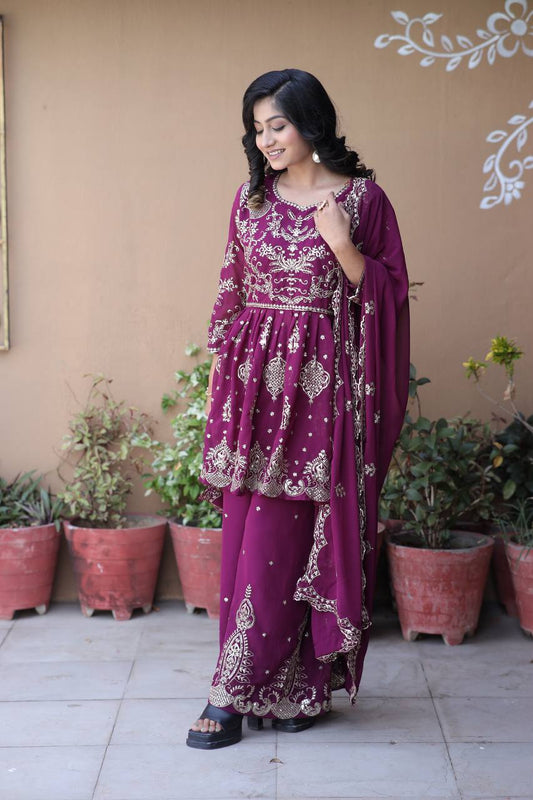 Parizah Ensemble with Intricate Zari Embroidery & Graceful Sharara