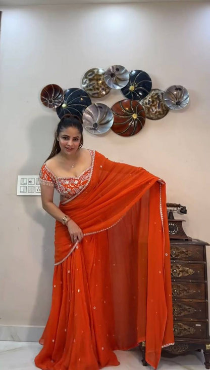 Glamorous Orange Embroidered Lehenga Saree