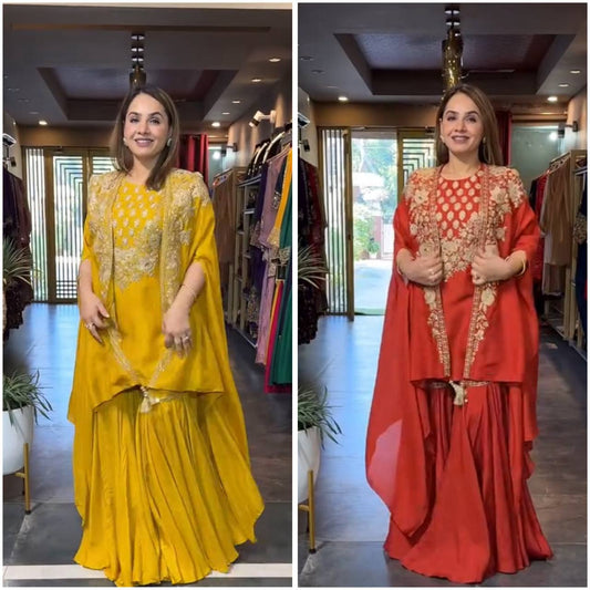 Vruti  Mustard & Crimson Draped Sharara Sets with Zari Cape Embroidery Set