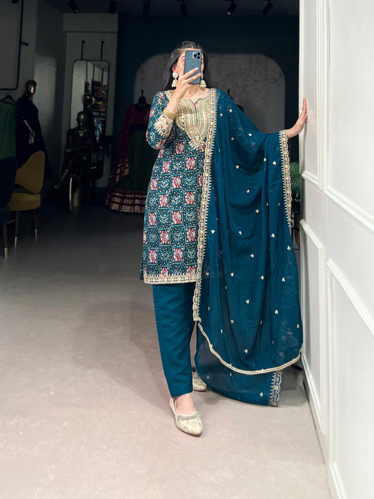 Midnight Mirrorwork Elegance Teal Blue Embroidered Suit Set
