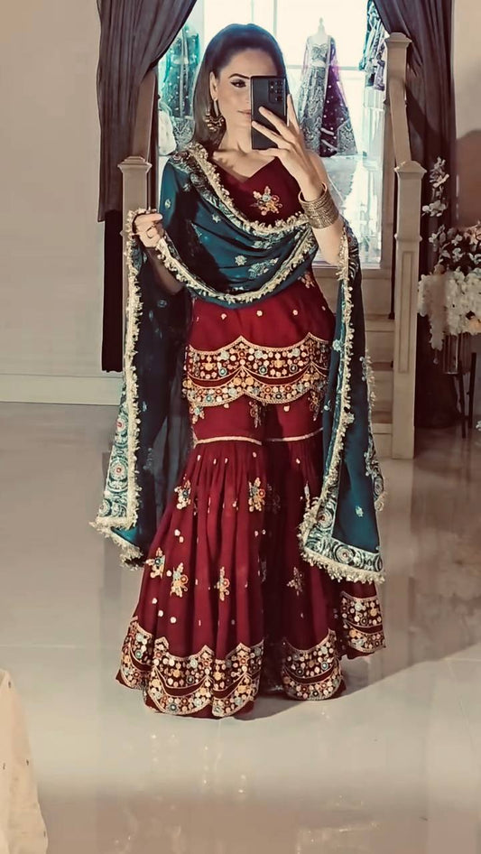 Zehra's Grace: Handcrafted Sharara Set with Intricate Detailing
