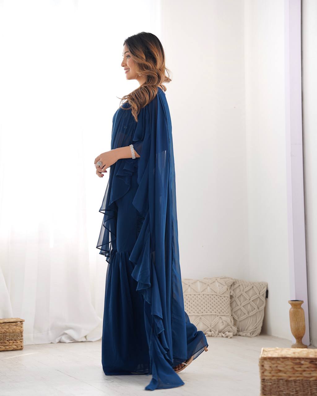 Stylish Navy Blue Ruffle Saree Pant Set
