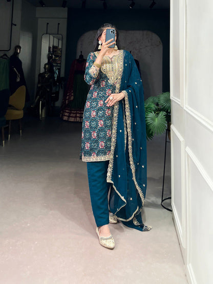 Midnight Mirrorwork Elegance Teal Blue Embroidered Suit Set