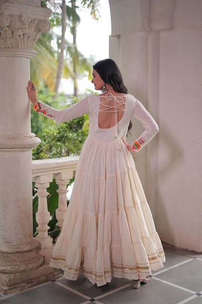 Aarvi's Grace Creamy Layers & Folk Bloom Embroidery Anarkali Gown