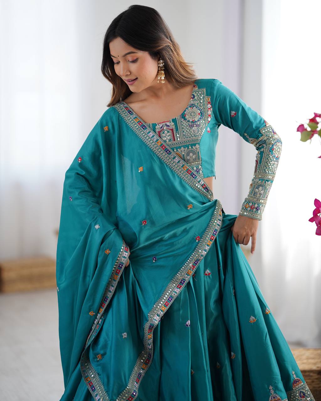 Sheesh Mahal Natural Crep silk Embroidered Lehenga Choli