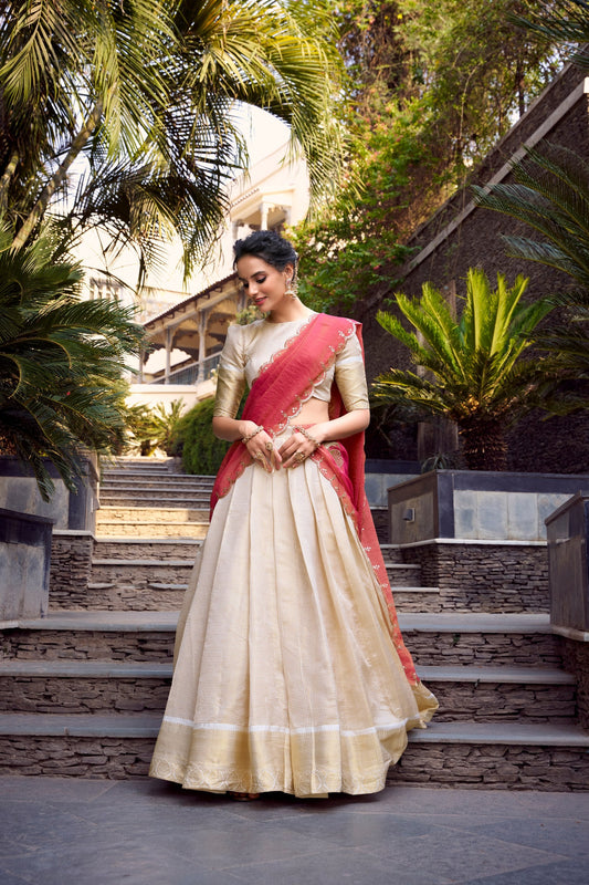 Shubhra Gold Jacquard Lehenga with Contrast Embroidered Dupatta
