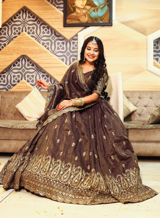 Golden Grace in Chocolate Hues – Designer Lehenga Choli