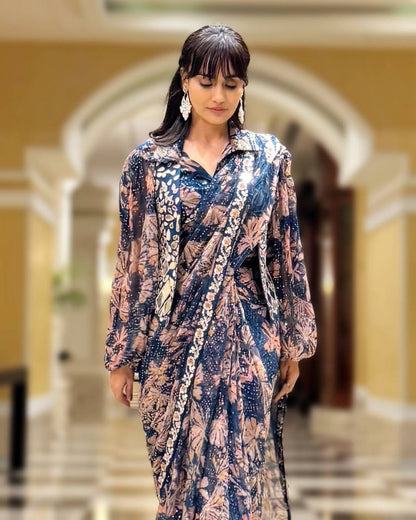 Indo-western Ready To Wear Saree With Fully Embroidered Mirror Work Koti