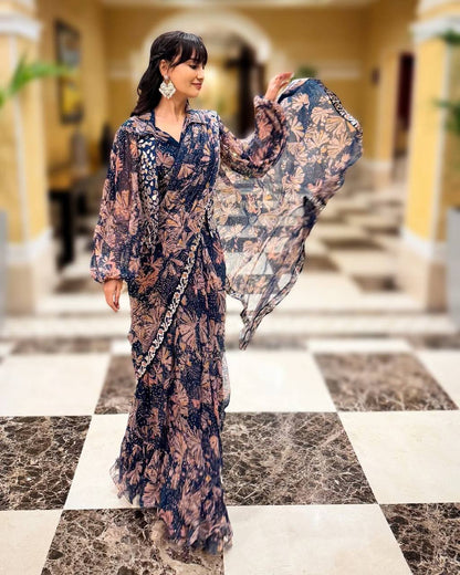 Indo-western Ready To Wear Saree With Fully Embroidered Mirror Work Koti