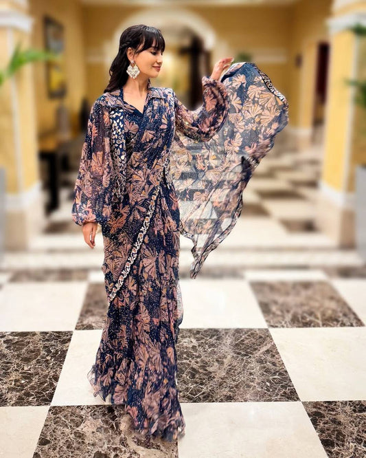 Indo-western Ready To Wear Saree With Fully Embroidered Mirror Work Koti