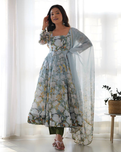 BloomAura Heavy Pure Soft Organja Silk Floral Print Anarkali Set