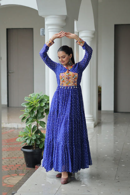 Kaleidoscope Charm: Traditional Bandhani Print Mirror Embroidery Gown
