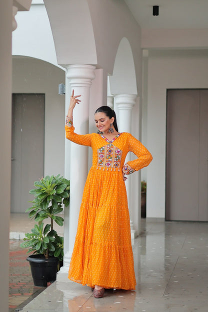 Kaleidoscope Charm: Traditional Bandhani Print Mirror Embroidery Gown