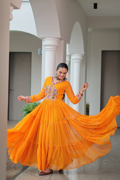 Kaleidoscope Charm: Traditional Bandhani Print Mirror Embroidery Gown