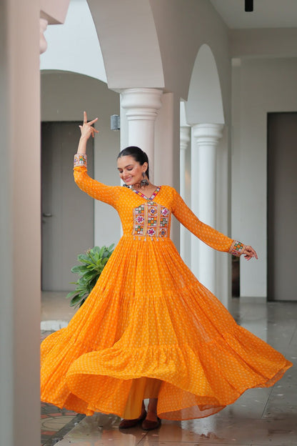 Kaleidoscope Charm: Traditional Bandhani Print Mirror Embroidery Gown