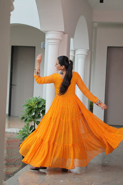 Kaleidoscope Charm: Traditional Bandhani Print Mirror Embroidery Gown