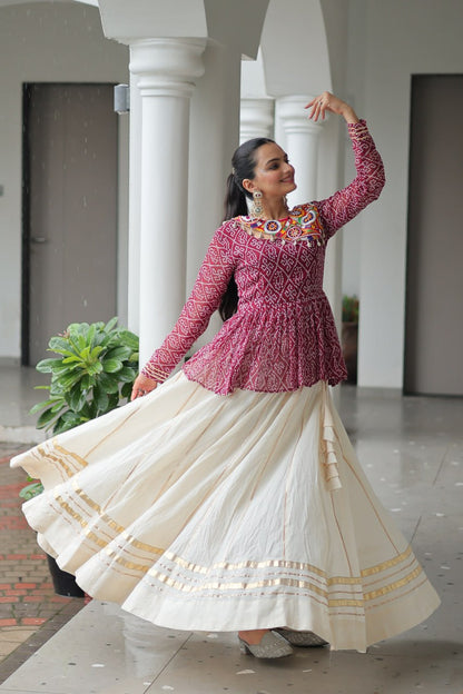 Lavya Mirror-Work Peplum Top with Cream Flared Lehenga