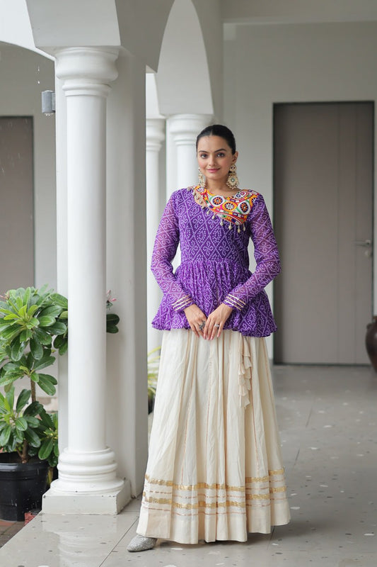 Lavya Mirror-Work Peplum Top with Cream Flared Lehenga