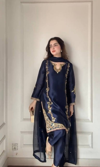 Azure Moti Hand Work Crep Silk  farshi salwar