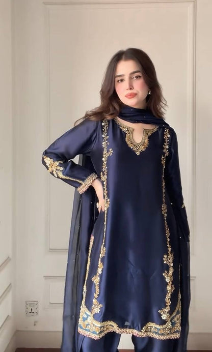 Azure Moti Hand Work Crep Silk  farshi salwar