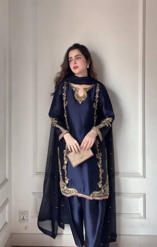 Azure Moti Hand Work Crep Silk  farshi salwar