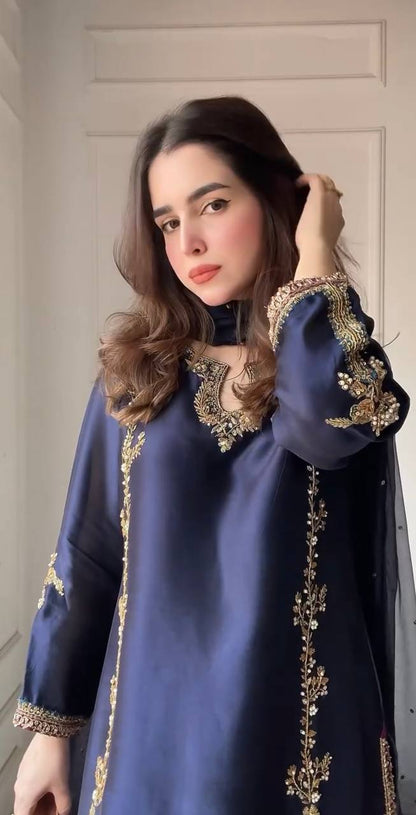 Azure Moti Hand Work Crep Silk  farshi salwar
