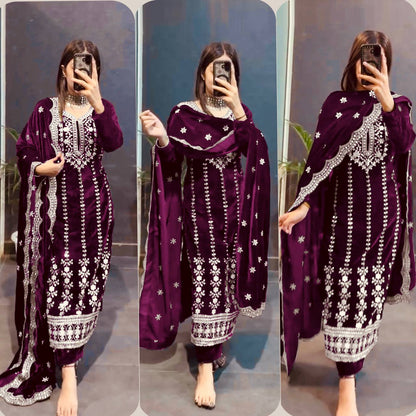 New Velvet Top -Pent  Dupatta Set Fully Stitched Ready To Wear