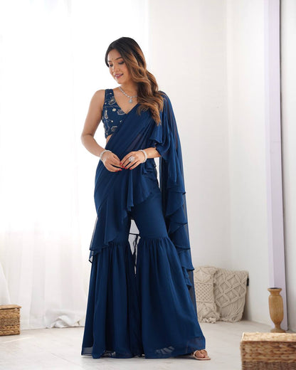 Stylish Navy Blue Ruffle Saree Pant Set