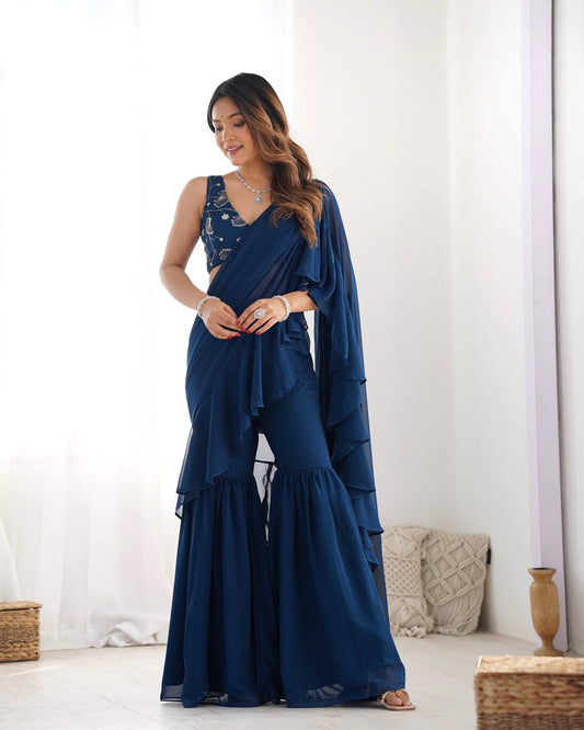 Stylish Navy Blue Ruffle Saree Pant Set