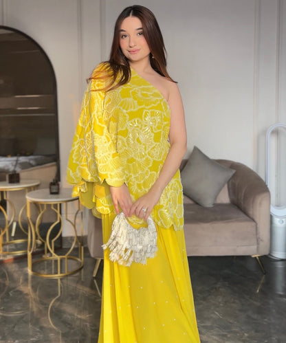 Yellow one-shoulder embroidered Dress