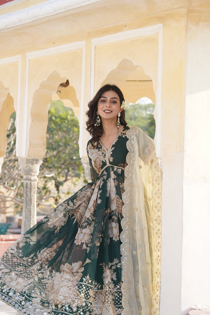 Regal Green Floral Anarkali Gown with Embroidered Dupatta