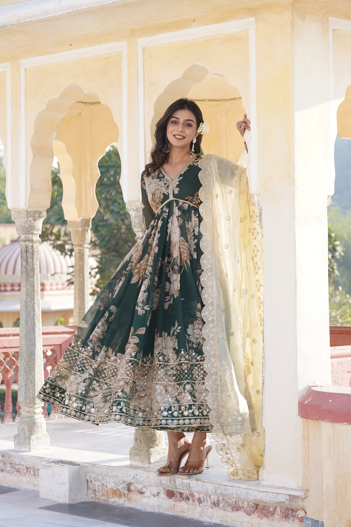 Regal Green Floral Anarkali Gown with Embroidered Dupatta