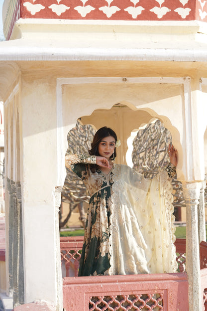 Regal Green Floral Anarkali Gown with Embroidered Dupatta