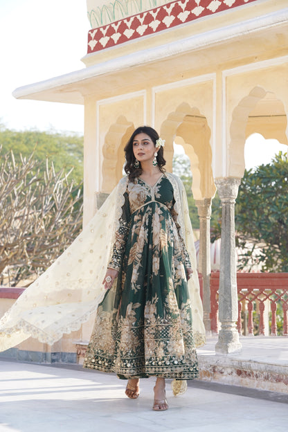 Regal Green Floral Anarkali Gown with Embroidered Dupatta