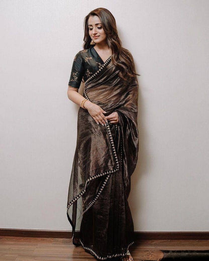 Antique Bronze Mirror Lace Striped Designer Saree